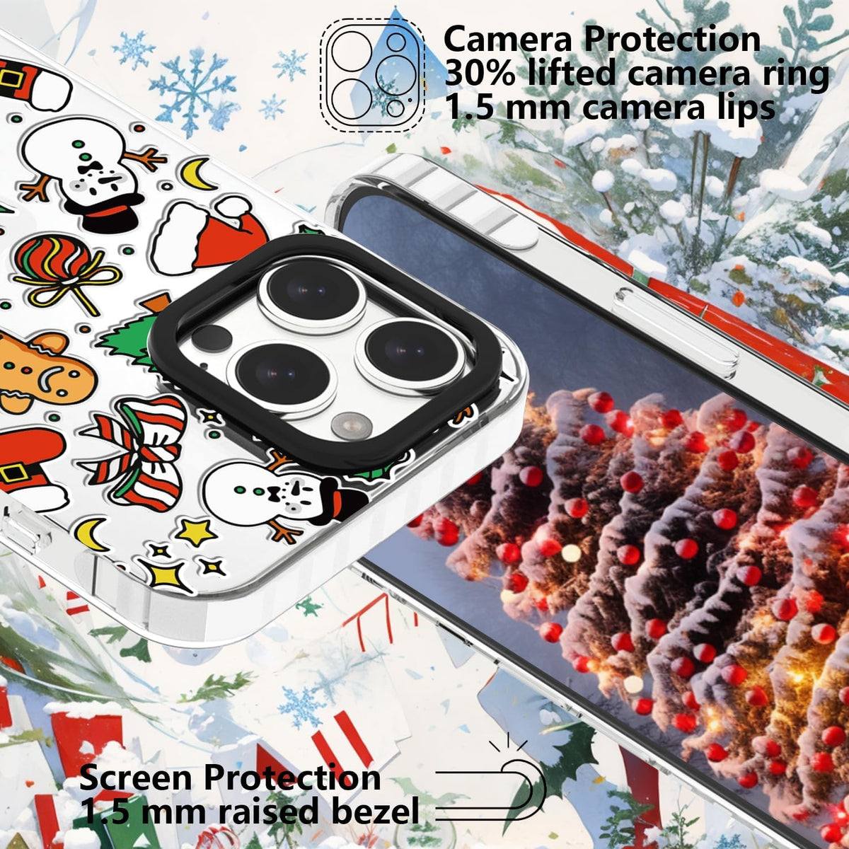 Christmas Phone Case Compatible for iPhone 16 Pro,Cute Winter Case with Funny Snowman Gingerbread Man Tree Christmas Pattern Design Shockproof Clear TPU Anti-Slip Anti-Scratch