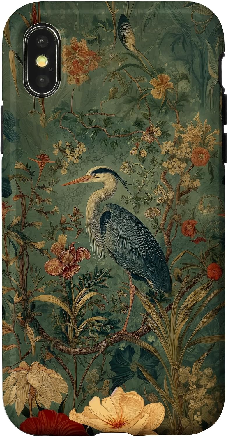 Blue Heron Wildflower Plant Pattern Sage Green Case for iPhone 16 Pro Max