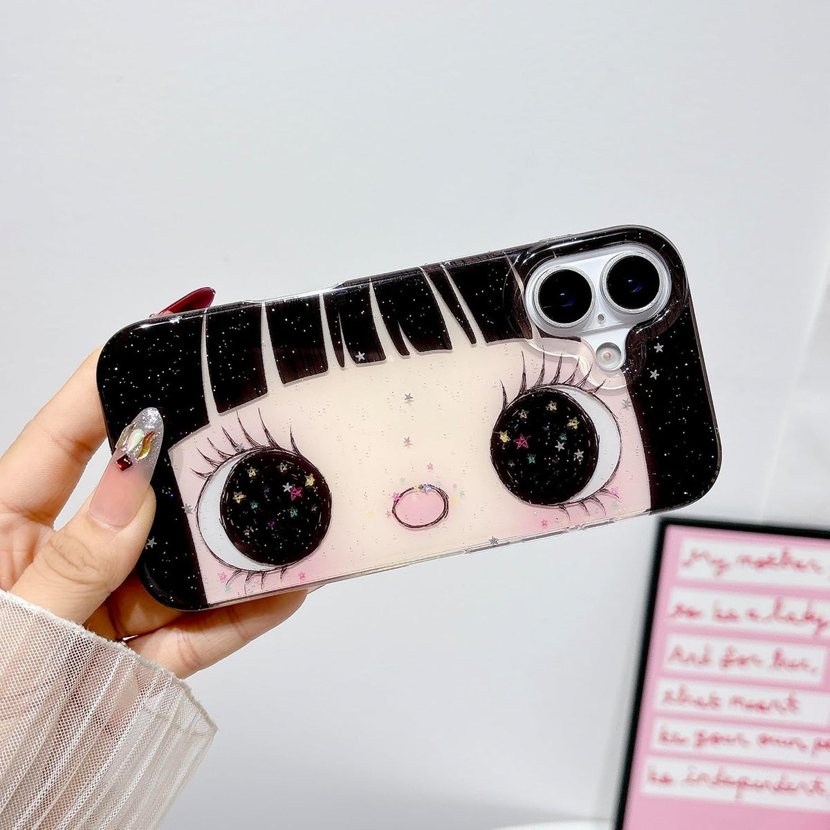 Compatible with iPhone 17 Case, Cute Kawaii Anime Big Eyes Design with Glitter Stars, Sparkle Bling Soft TPU Shockproof Protective Cover for Women Girls