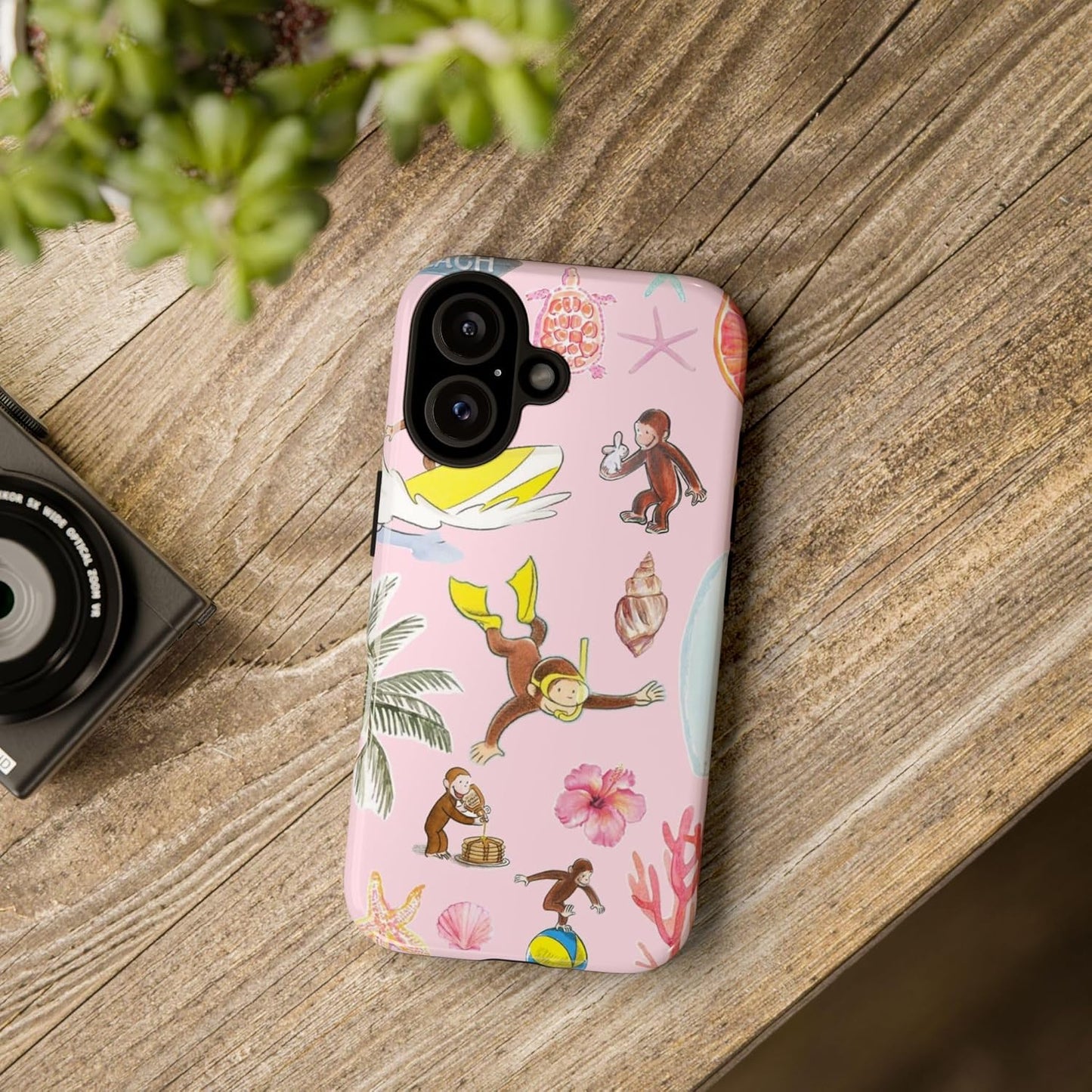 Tropical Splash Curious Monkey George Phone Case Compatible with iPhone 16, Protective Hybrid 2-Layer Hard Shell, Cute Monkey Tough Case Gift for Women Men Girl Boy