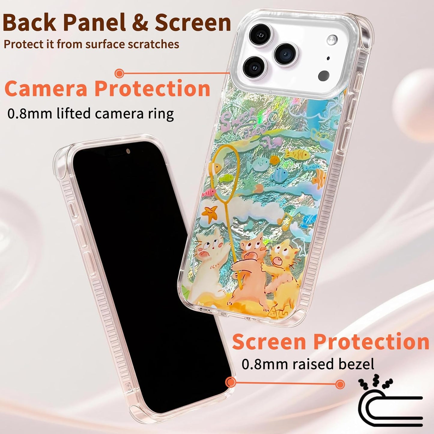 Compatible with iPhone 17 Pro Case,with [Soft Slim][Camera Protection] Cute Fishing Cats Shiny Aesthetic Phone Cover Anti-Yellowing Shockproof Protective Cover for Women Girl