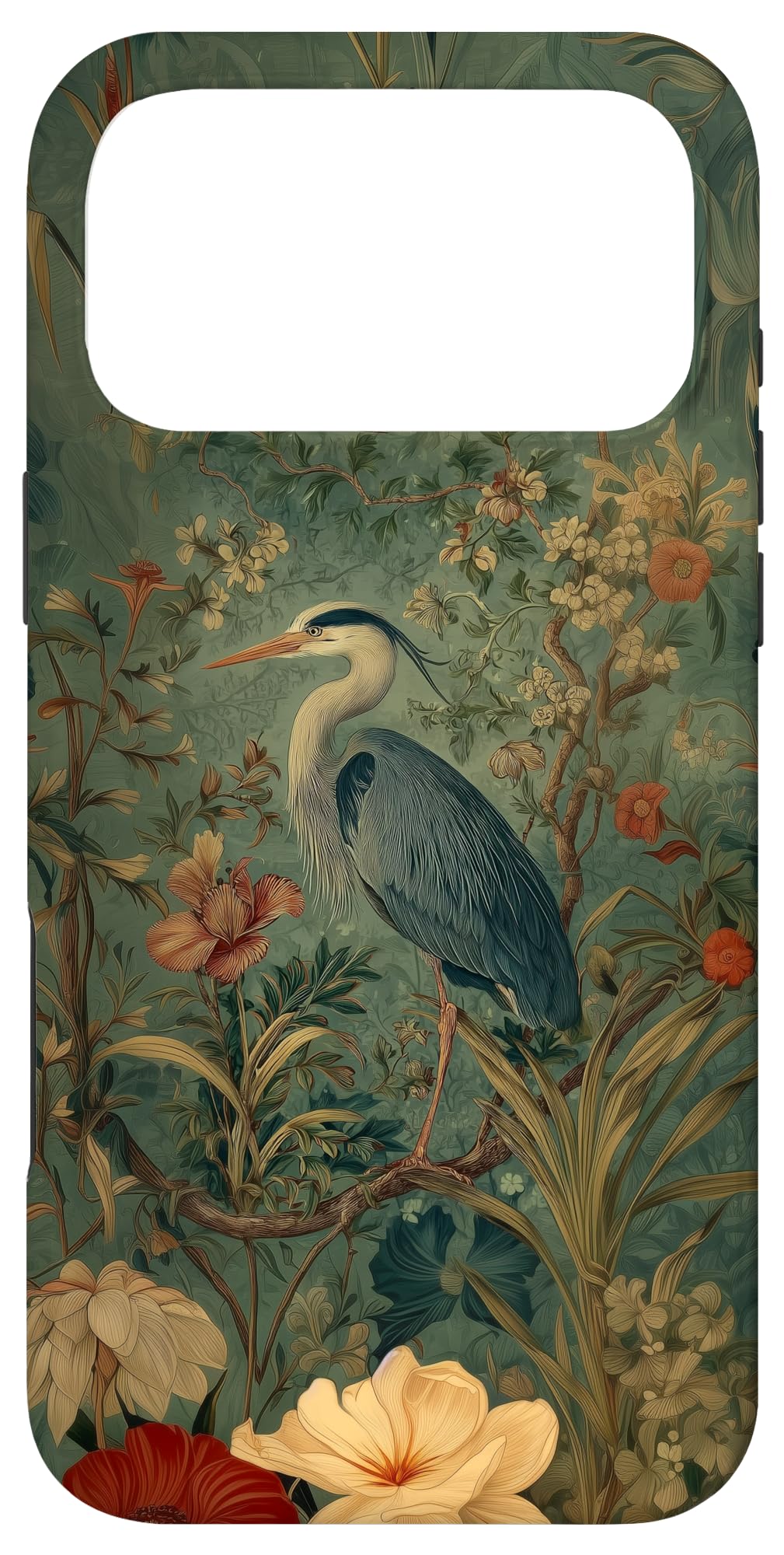 Blue Heron Wildflower Plant Pattern Sage Green Case for iPhone 16 Pro Max
