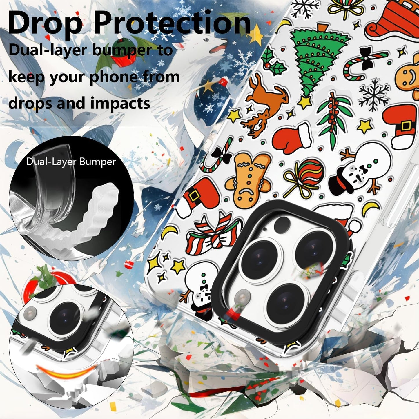 Christmas Phone Case Compatible for iPhone 16 Pro,Cute Winter Case with Funny Snowman Gingerbread Man Tree Christmas Pattern Design Shockproof Clear TPU Anti-Slip Anti-Scratch