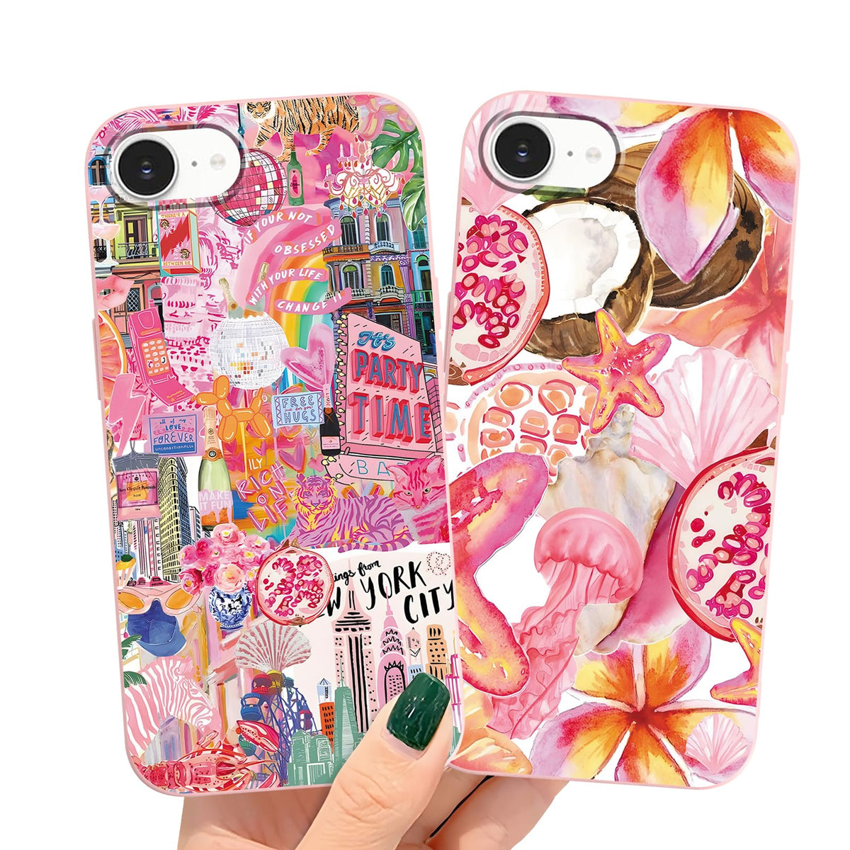 2 Packs Summer Fruit Animal Illustration Collage Pattern Phone Case for iPhone 16 6,1", Cute Aesthetic Design Print Funda with Liquid Silicone Shockproof Protection Soft Cover for Women Girls
