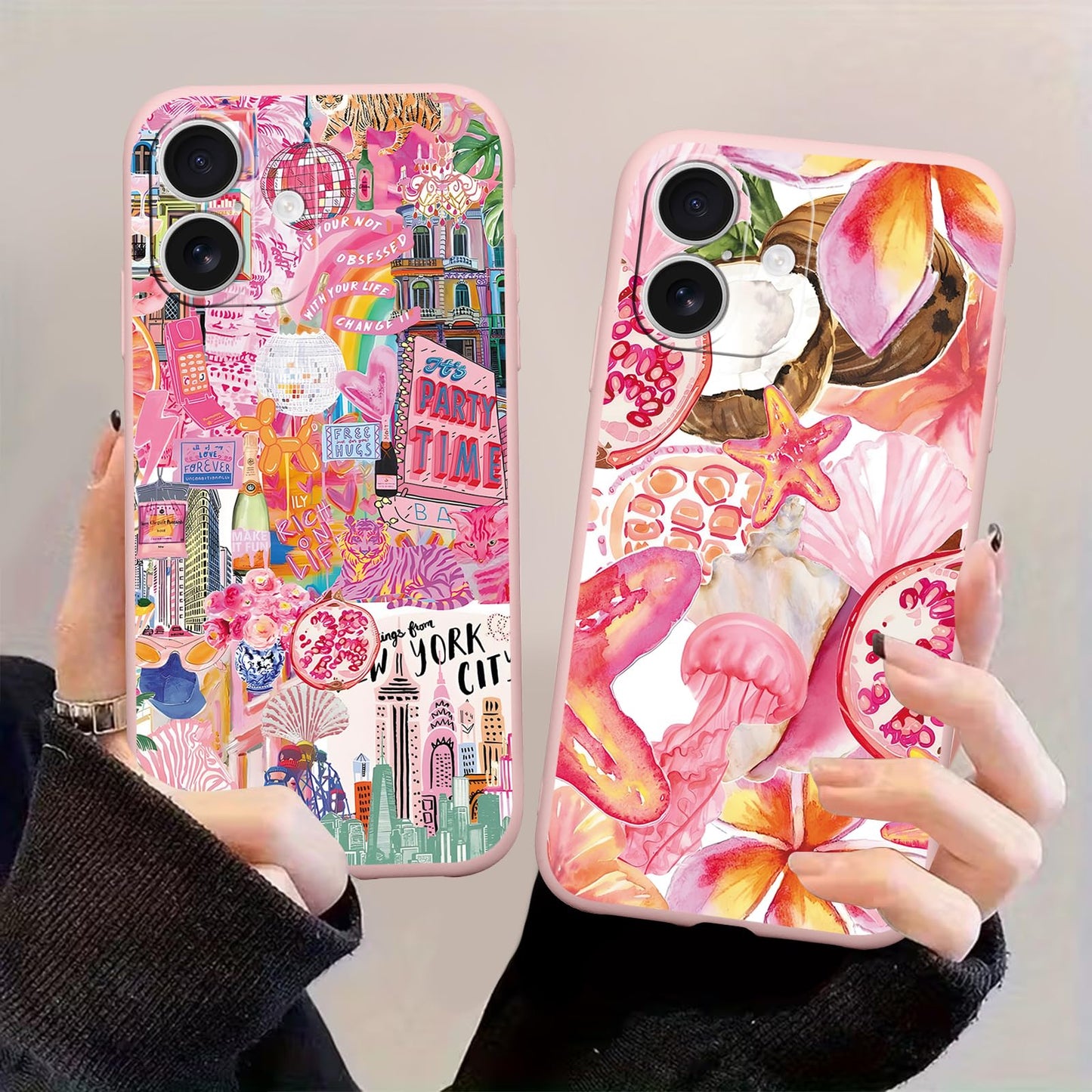 2 Packs Summer Fruit Animal Illustration Collage Pattern Phone Case for iPhone 16 6,1", Cute Aesthetic Design Print Funda with Liquid Silicone Shockproof Protection Soft Cover for Women Girls