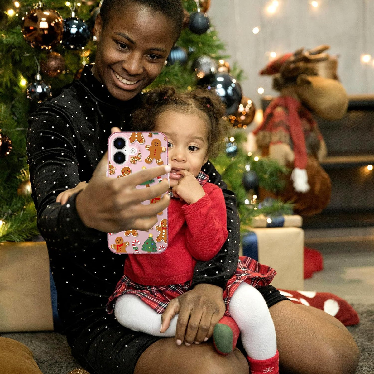 for iPhone 16 Plus Christmas Case Cute - Gingerbread Man/Pink | Gingerbread Man Tree Girly Women Girls Kids Snowflakes Candy Winter Holiday Festival Gifts Trendy Glossy Protective Cover