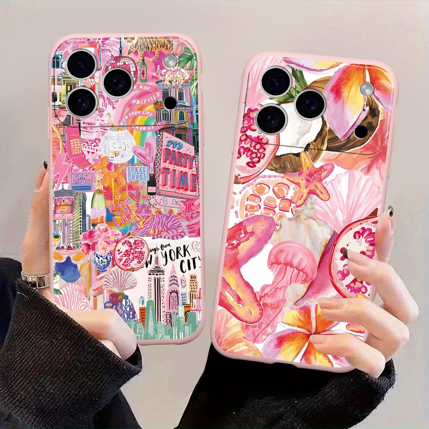 2 Packs Summer Fruit Animal Illustration Collage Pattern Phone Case for iPhone 16 6,1", Cute Aesthetic Design Print Funda with Liquid Silicone Shockproof Protection Soft Cover for Women Girls