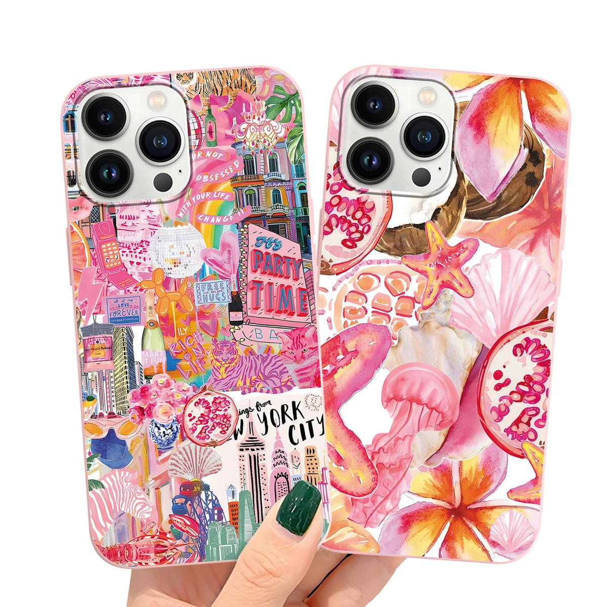 2 Packs Summer Fruit Animal Illustration Collage Pattern Phone Case for iPhone 16 6,1", Cute Aesthetic Design Print Funda with Liquid Silicone Shockproof Protection Soft Cover for Women Girls