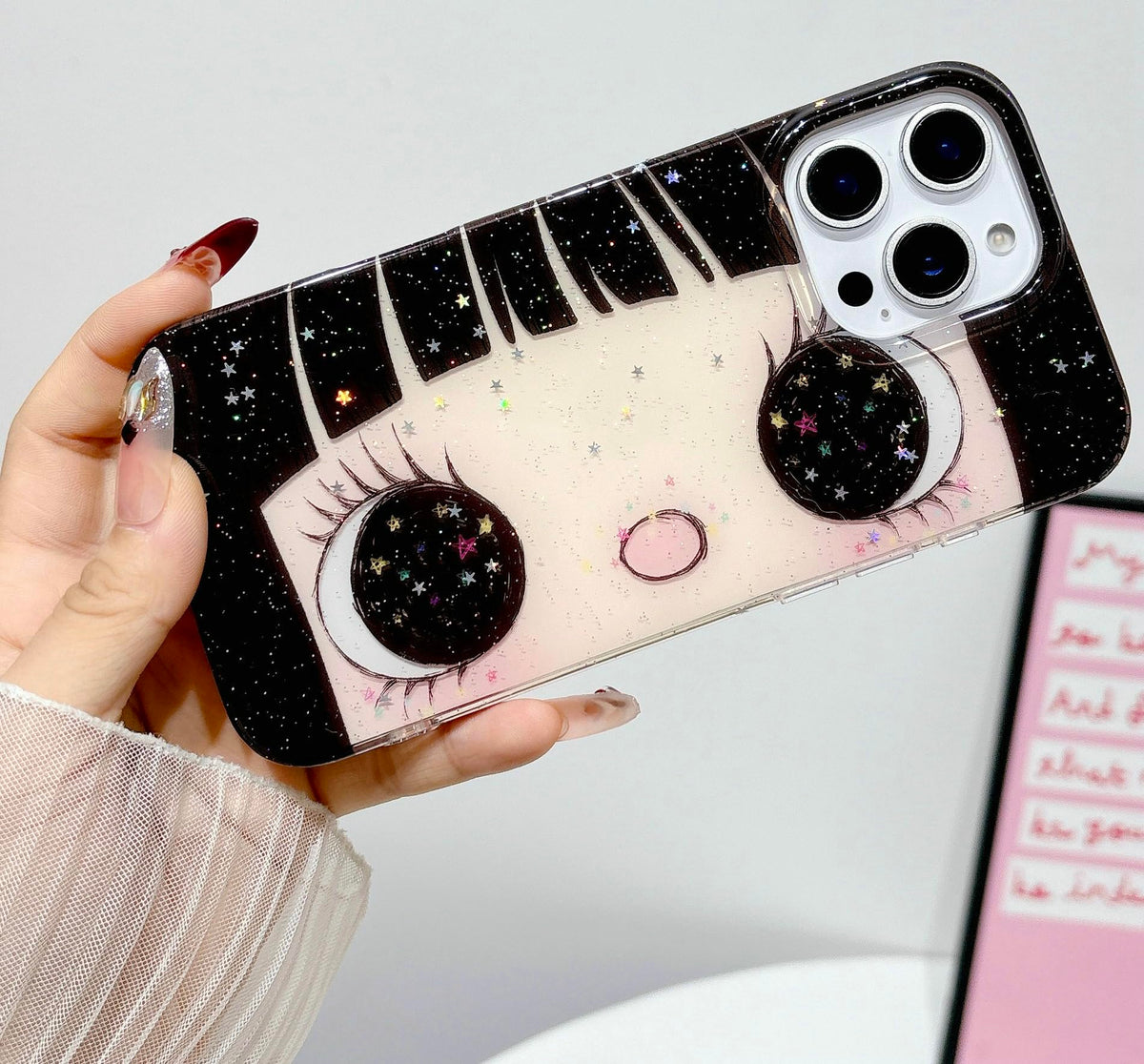 Compatible with iPhone 17 Case, Cute Kawaii Anime Big Eyes Design with Glitter Stars, Sparkle Bling Soft TPU Shockproof Protective Cover for Women Girls