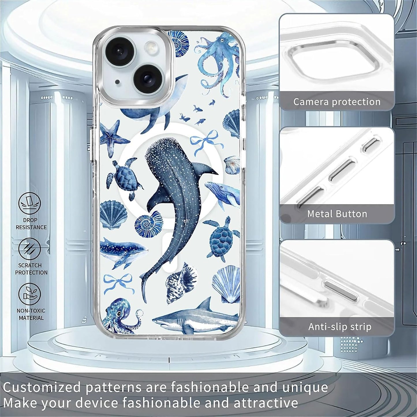 for iPhone 15 Case,Compatible with MagSafe,The Transparent TPU Silicone Protects The Phone Case from Drops, Slips and Fingerprints.Blue Ocean Whale Shark Octopus Turtle Collage