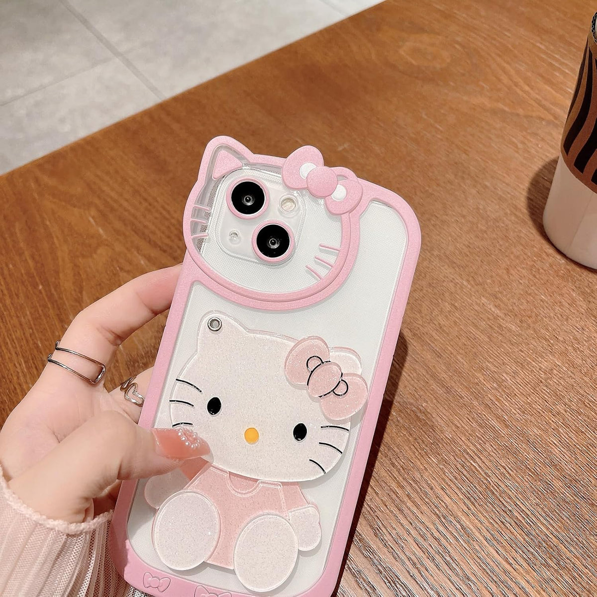 for iPhone 15 Kawaii Cartoon Cute Pink Phone Case，Built-in Makeup Mirror for Women Girls, Soft Transparent Protective Pink Phone Case