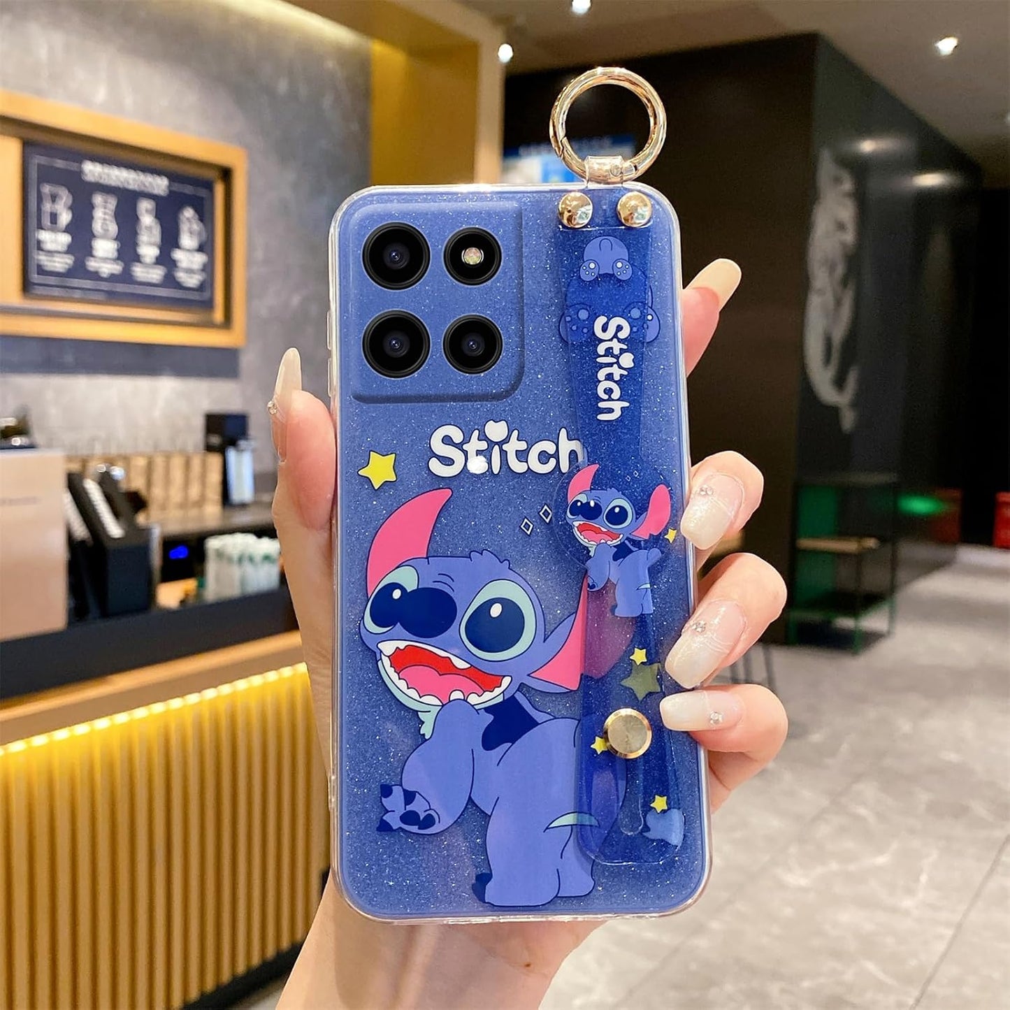 for Motorola Moto G Power 5G 2025 Case with Wrist Strap Kickstand Cute Glitter Cartoon Camera Lens Protector Shockproof Protective Cover for Women Girls (Blue 1)