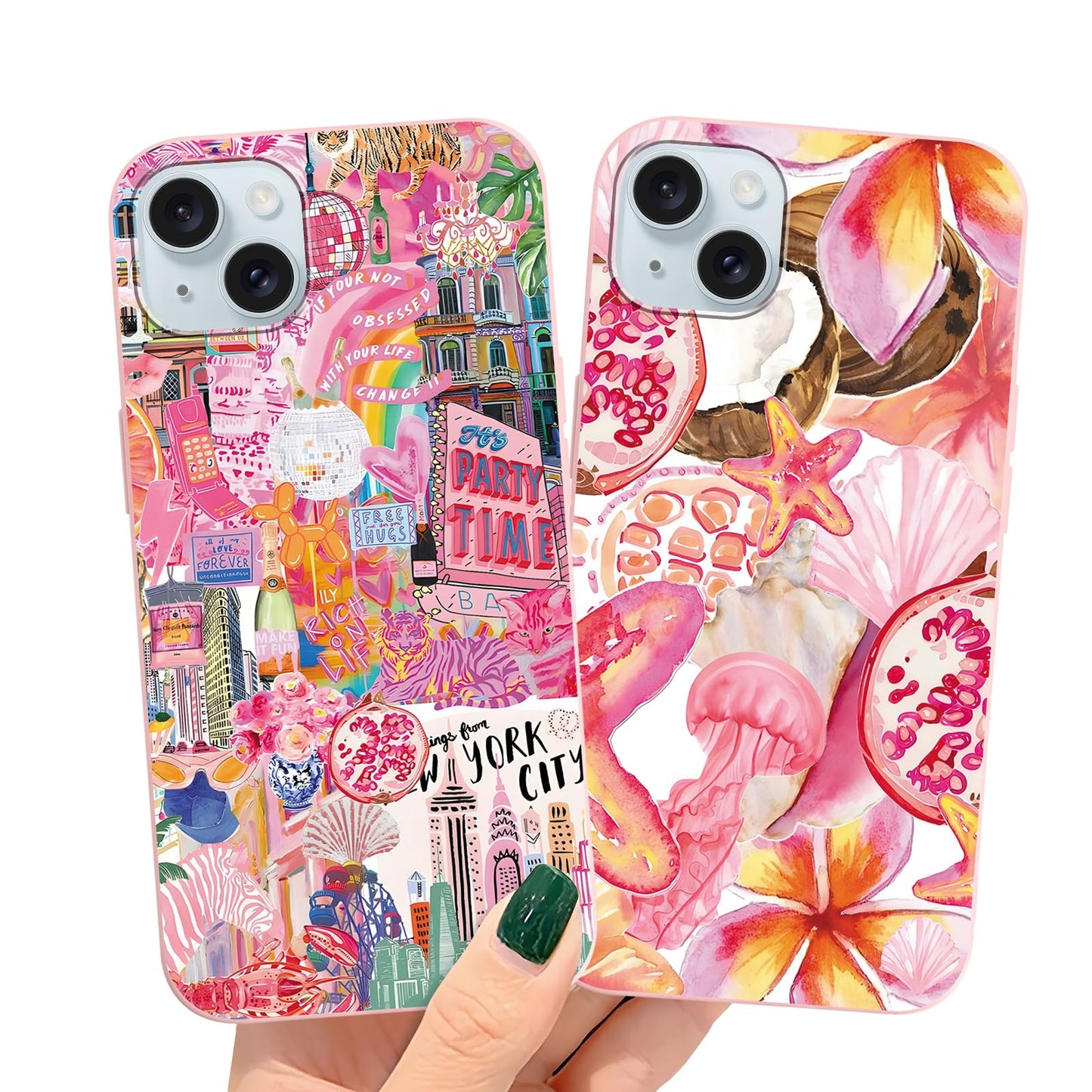 2 Packs Summer Fruit Animal Illustration Collage Pattern Phone Case for iPhone 16 6,1", Cute Aesthetic Design Print Funda with Liquid Silicone Shockproof Protection Soft Cover for Women Girls