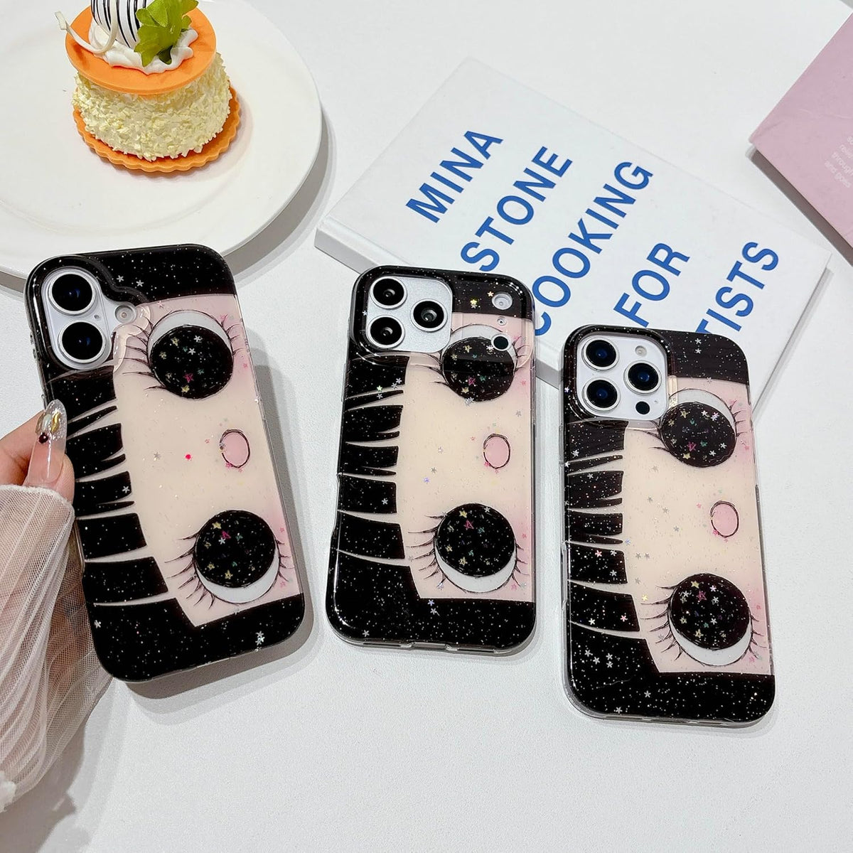Compatible with iPhone 17 Case, Cute Kawaii Anime Big Eyes Design with Glitter Stars, Sparkle Bling Soft TPU Shockproof Protective Cover for Women Girls