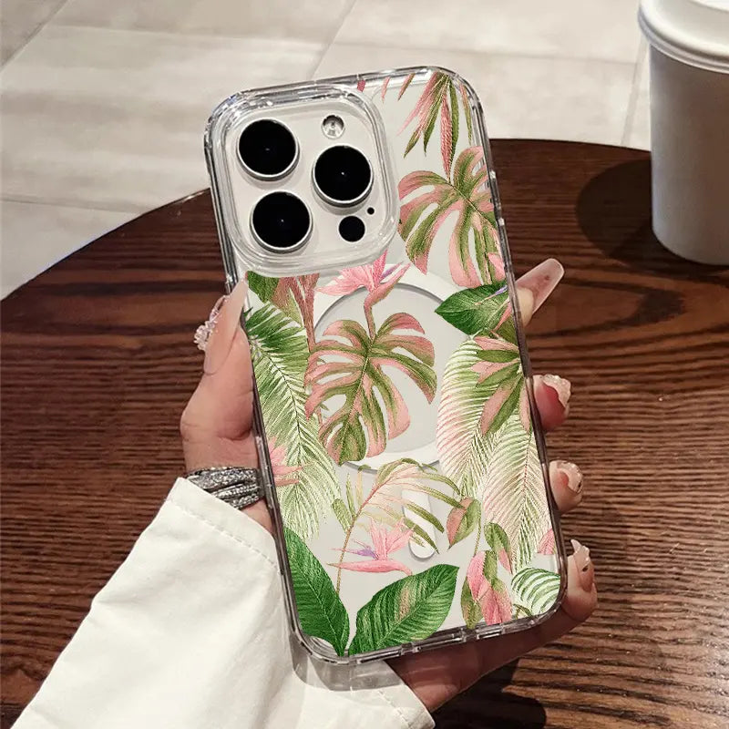 Hand-painted tropical plant series magnetic phone cases, compatible with iPhone 11/17 Pro Max, and also compatible with Samsung Galaxy S25, S24, and S23 Ultra. A perfect gift for holidays, birthdays, or Valentine's Day.