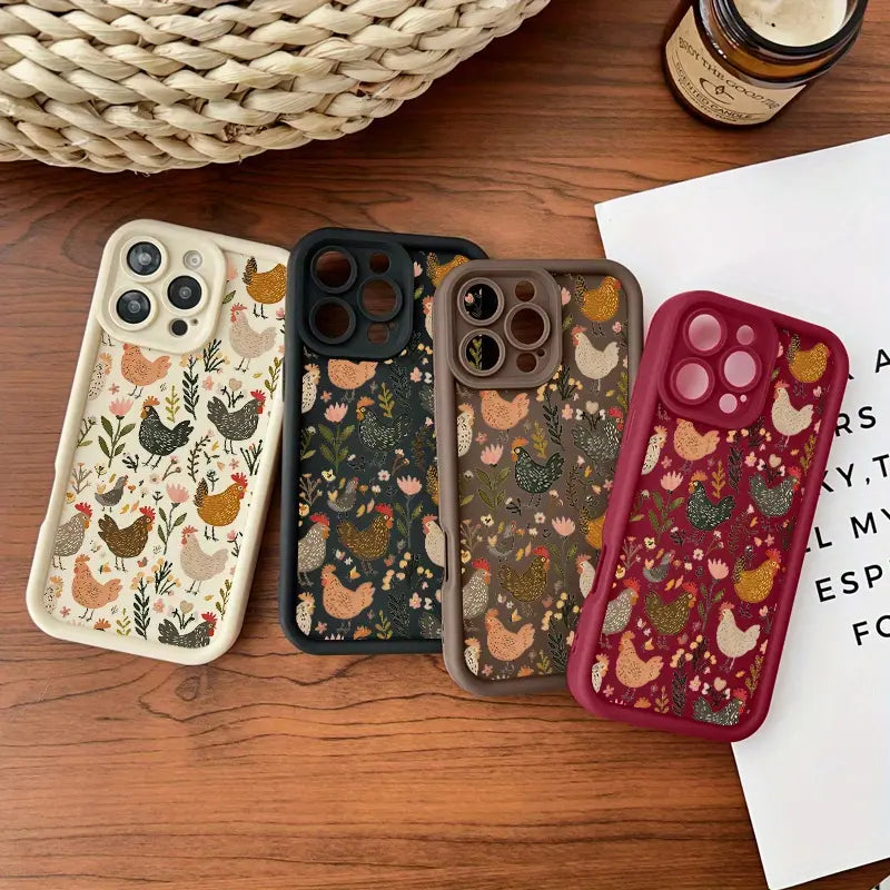 This green plant and chicken patchwork phone case features a drop-proof and non-slip TPU full-coverage lens protector, compatible with iPhone 17, 16, 15, 14, 13, 12, 11, XS, X series, and more. It makes a great gift for friends or family.