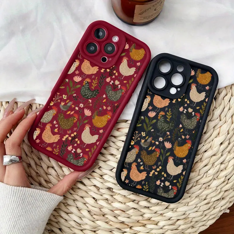 This green plant and chicken patchwork phone case features a drop-proof and non-slip TPU full-coverage lens protector, compatible with iPhone 17, 16, 15, 14, 13, 12, 11, XS, X series, and more. It makes a great gift for friends or family.