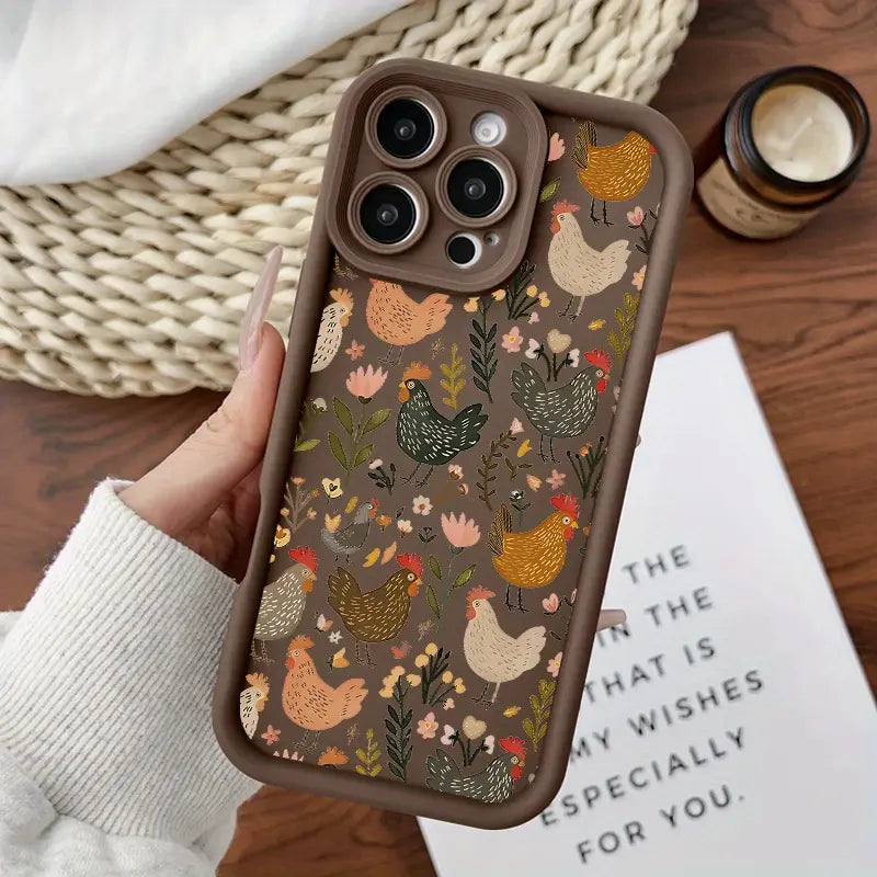 This green plant and chicken patchwork phone case features a drop-proof and non-slip TPU full-coverage lens protector, compatible with iPhone 17, 16, 15, 14, 13, 12, 11, XS, X series, and more. It makes a great gift for friends or family.