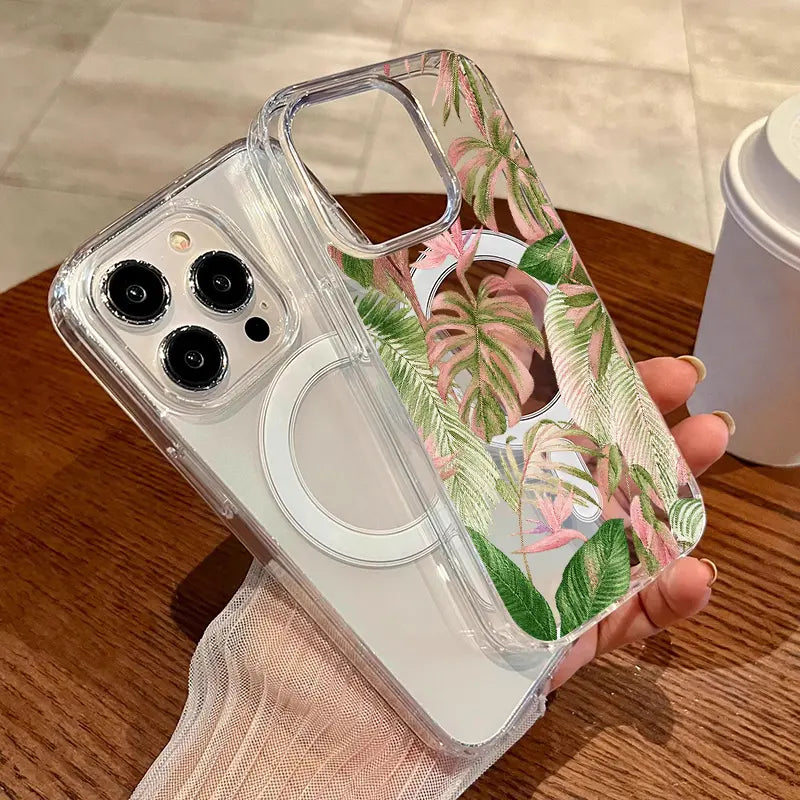 Hand-painted tropical plant series magnetic phone cases, compatible with iPhone 11/17 Pro Max, and also compatible with Samsung Galaxy S25, S24, and S23 Ultra. A perfect gift for holidays, birthdays, or Valentine's Day.