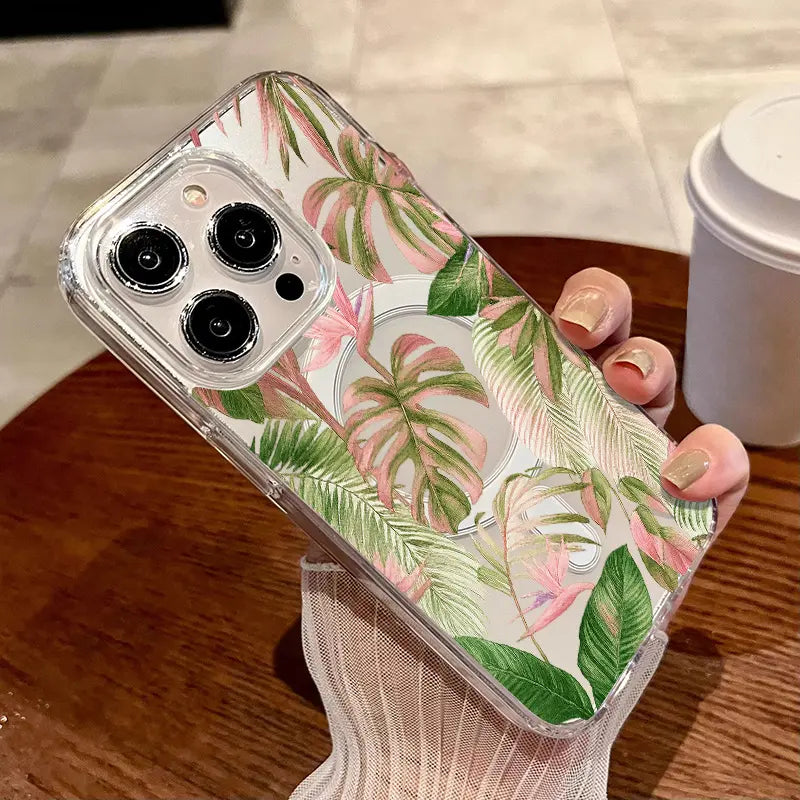 Hand-painted tropical plant series magnetic phone cases, compatible with iPhone 11/17 Pro Max, and also compatible with Samsung Galaxy S25, S24, and S23 Ultra. A perfect gift for holidays, birthdays, or Valentine's Day.